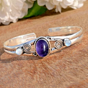Amethyst & Moonstone Gemstone 925 Sterling Silver Bracelet Lovely Art Jewelry - Picture 1 of 9