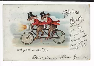 1903 Postal alemana de saludos de Pascua 2 conejos en bicicleta p1142 - Imagen 1 de 2