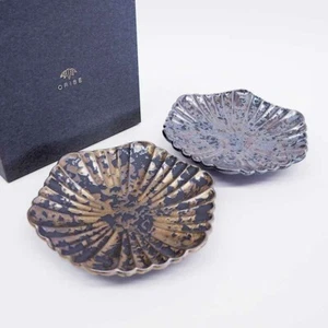 MINO YAKI　Pair of hexagonal plates with gold and silver flowers　beautiful Cool - Picture 1 of 13