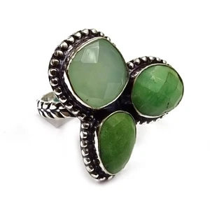 Anillo de joyería étnico hecho a mano con piedras preciosas de calcedonia crisoprasa 6,75 e234 - Imagen 1 de 4