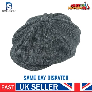 PEAKY BLINDERS TOMMY SHELBY HERRINGBONE BAKERBOY NEWSBOY FLAT CAP HAT 1920s GREY - Picture 1 of 1