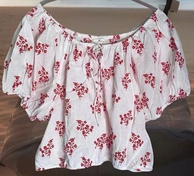 H&M Peasant Crop Top XL Airy Linen Cotton Blend Puff Sleeve Tie Closure Feminine - Image 1 of 4