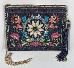 Mary Frances Black & Red Floral Beaded Embroidered Mini Handbag Crossbody Clutch - Picture 1 of 17