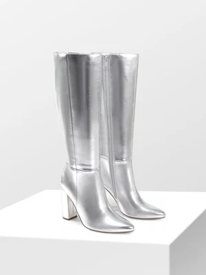 Botas femininas salto robusto joelho alto biqueira pontiaguda botas altas zíper lateral botas de outono - Imagem 1 de 2