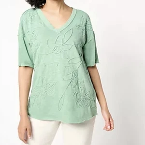 LOGO Lori Goldstein mintgrüne geblümte Bluse Baumwolle Größe XL - Bild 1 von 6