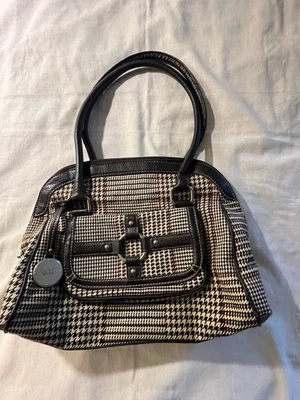Chaps Houndstooth Plaid W/ Brown Trim Satchel Bag Purse Zip Top Snap Side Pocket - Image 1 of 4
