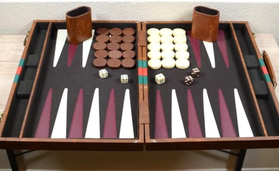 Backgammon Set Brown Leatherette Dice Game Vintage Reiss 18" - Image 1 of 4