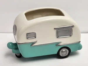 Teleflora Ceramic Vase Planter Trailer Camper 8" x 5 x 4 1950s Style White Green - Picture 1 of 4