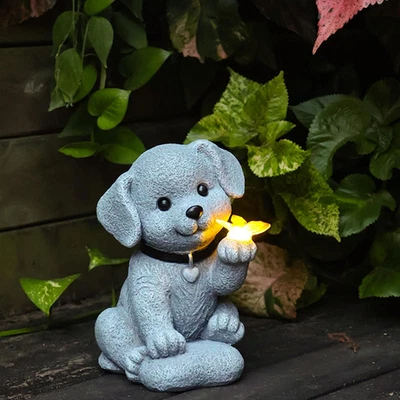 Solar Garden Decor Dog Statue with Butterfly Light Solar Lights Outdoor Waterpro - Image 1 of 4