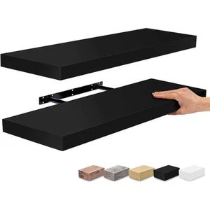 9 in.x24 in.x1.5 in. Classic Black Wood Decorative Wall Shelves Brackets 2-Pack - Picture 1 of 10