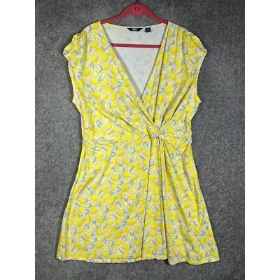 Lands End Side Cinch Faux Wrap Fit & Flare Dress Women Sz 2X Stretch Lemon Check - Image 1 of 4