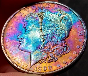 1890 P Dólar Morgan Plata Arco Iris Loco Oro Tonificación Gema Bu Fecha Clave Raro - Imagen 1 de 2