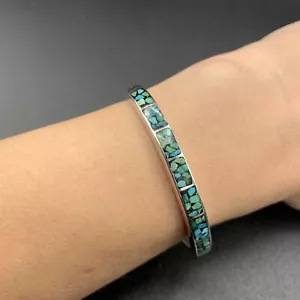 Vintage Native American Turquoise Inlay Design Cuff Bracelet Sterling Silver - Picture 1 of 7