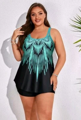 Womens Black Blue Tankini Swimming Costume size 12 Hanna Nikole Tummy Con Shorts - Image 1 of 4