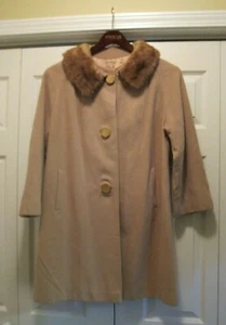 Vintage 1950s Camel/Tan Cashmere Swing Coat Mink Collar Midi Overcoat - Picture 1 of 12