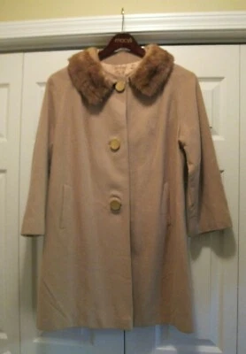 Vintage 1950s Camel/Tan Cashmere Swing Coat Mink Collar Midi Overcoat - Image 1 of 4