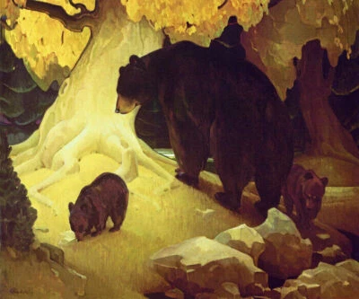 BEAR FAMILY FALL IN THE FOOTHILLS AMERICAN PAINTING BY W. HERBERT DUNTON REPRO  - Image 1 of 3