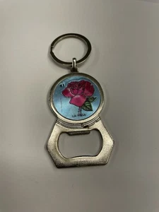 La Rosa Rose Stamp Keychain Bottle Popper Opener Pink Blue Enamel - Picture 1 of 4