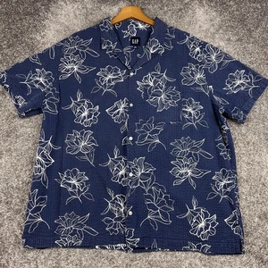 GAP Camp Shirt Men's XXL Seersucker AOP Floral Loop Collar Hawaiian Blue Cotton - Picture 1 of 9