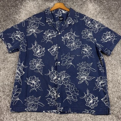 GAP Camp Shirt Men's XXL Seersucker AOP Floral Loop Collar Hawaiian Blue Cotton - Image 1 of 4