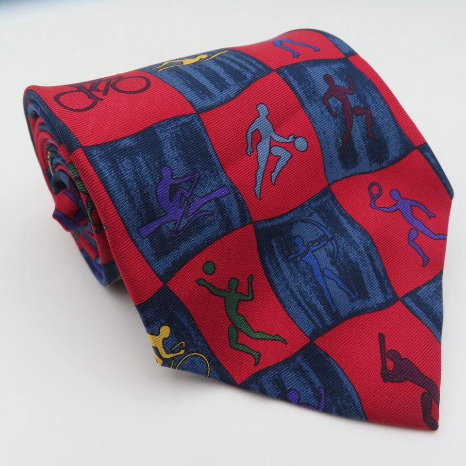 John Henry 领带丝绸红色蓝色 4 英寸宽 55 英寸长复古美国奥运会 — 第 1/4 张图片