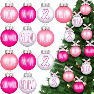 Thyle 24 Pcs Breast Cancer Christmas Ornaments for Tree Pink Ribbon Ball Orna... - Picture 1 of 8