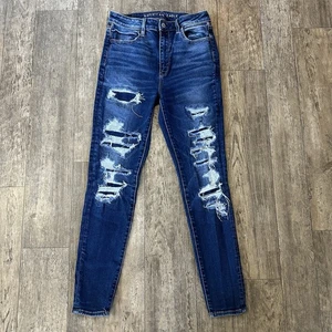 American Eagle SUPER HI RISE JEGGING taglia 8 pantaloni jeans denim effetto invecchiato 27x28 - Foto 1 di 11