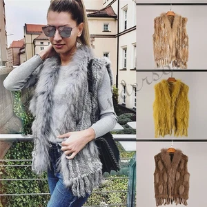 Real Women's Rabbit Fur Vest WIth Raccoon Collar Tassels Coat Knitted Furry H9 - Picture 1 of 21