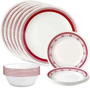 Corelle Raspberry Red Pattern 18 piece Mugless Dinnerware Set Service for 6 - Picture 1 of 4