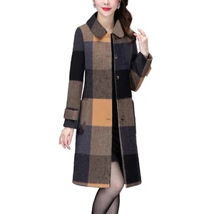 Women's Winter Warm Fashion Tartan Plaid Mid-Length Pea Coat - Picture 1 of 14