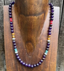Southwestern 925 Sterling Silver Multi Stone Amethyst Bead Necklace. 18 Inch - Picture 1 of 12