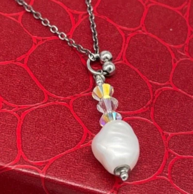 Collana donna vintage catenina pendente di perla naturale cristalli argento 925. - Immagine 1 di 4