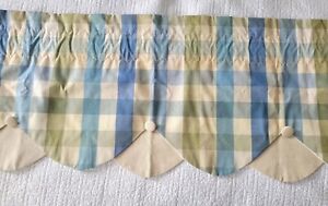 Set Of 3 Vtg Country Curtains Brand Blue Yellow Scallop Button Detail  16Hx51W