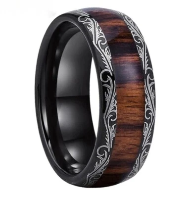 Anillo de carburo de tungsteno negro grabado hoja de 8 mm banda incrustación de madera anillo para hombres y mujeres Foto 1 de 4