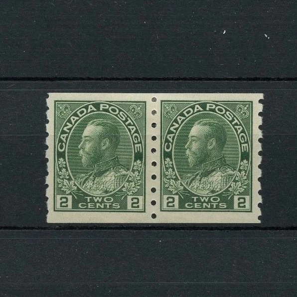 #128 two cent green pair coils perf 8 vertical VF MH Cat $80 Canada mint - Image 1 of 1