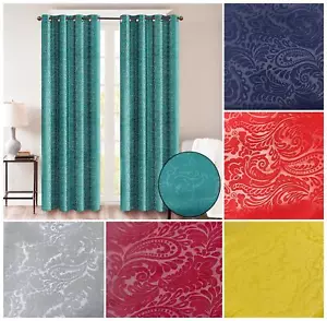 Embossed Blackout Curtains Ring Top Eyelet Drape Paisley Floral Pattern TieBacks - Foto 1 di 33