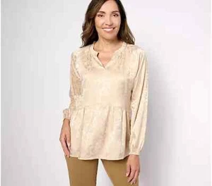 Isaac Mizrahi Stretch Jacquard geraffte Schößchen Bluse - Chai braun - Reg 16 A620685 - Bild 1 von 2