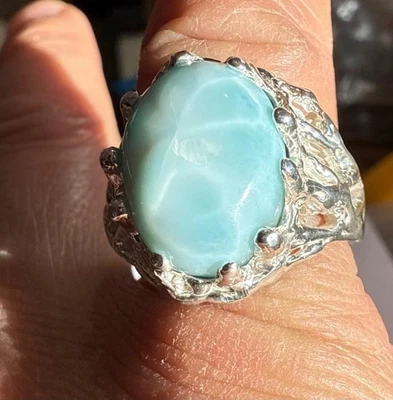 ANILLO MEÑIQUE 9.905 CT LARIMAR PLATA ESTERLINA .925 PARA HOMBRE TALLA 7.5, 9+GR HECHO EN EE. UU. Foto 1 de 4