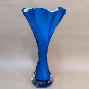 Vintage Tall Murano Twisted Blue Glass Vase White Cased Inside - Picture 1 of 9