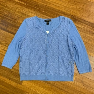 August Seide blau Glocke Blumen Spitze Strick Cardigan Damen Größe Large Zierlicher Pullover - Bild 1 von 6