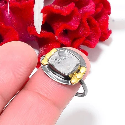 Anillo Herkimer Diamante Cuarzo Chapado en Oro Negro Plata de Ley 925 S.8 R8445 Foto 1 de 4