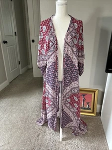 Free People Intimately Rare!! Kimono Duster Long Bohemian Sz M Oversized Raw Hem - Picture 1 of 14
