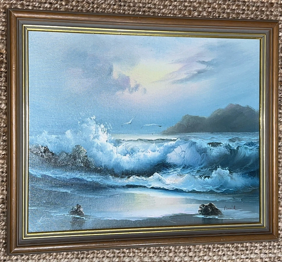 Framed Paint Of Seagulls & Seascape On Wood - Signed. Breaking Waves / Ocean - image 1 of 4