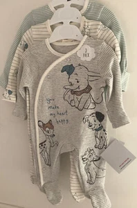 Disney Baby 0-3 Monate ~ 12 Pfund ~ 3er Set creme, grau, grün gestreifte Schlafanzüge - Bild 1 von 4