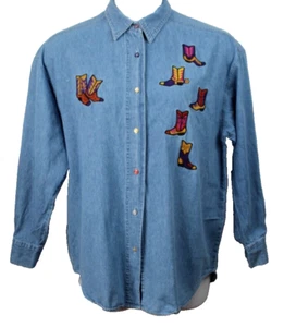 Andrews Blues Blue Chambray Shirt Embroidered Cowboy Boots Button Long Sleeves M - Picture 1 of 8