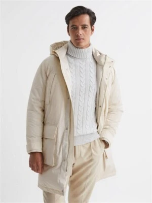 REISS MENS Walker Hooded Quilted Mid Length Parka Jacket in White Size M - Image 1 of 4