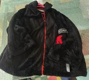 KENDALL + KYLIE Zip Front Fuzzy Hoodie Iconic K Patches Black Size L/XL - Picture 1 of 10