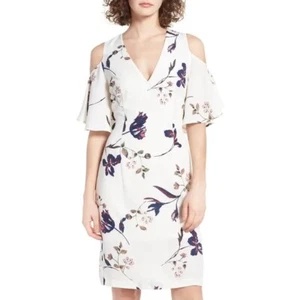 Leith Size Small Cold Shoulder Floral Flutter Sleeve Dress Cream Ivory V Neck - Picture 1 of 6
