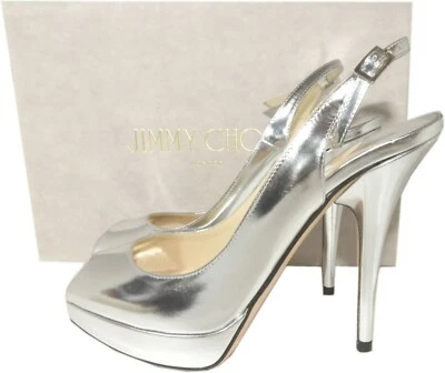 Jimmy Choo Nova Slingbacks 银色镜面皮革凉鞋 尺码 35.5 婚礼 — 第 1/4 张图片