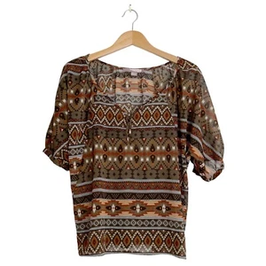 Love 21 Womens Size Medium TUNIC Aztec Art BLOUSE Geometric Pattern SHEER V-Neck - Picture 1 of 12
